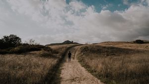 Preview wallpaper path, grass, man, walk, clouds