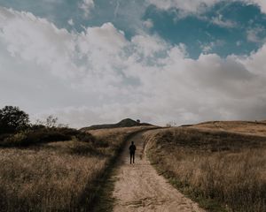 Preview wallpaper path, grass, man, walk, clouds