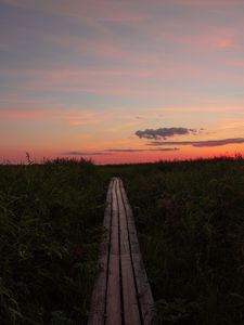 Preview wallpaper path, grass, sunset, horizon, clouds