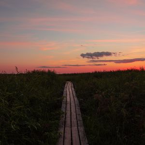Preview wallpaper path, grass, sunset, horizon, clouds