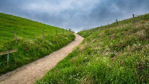 Preview wallpaper path, hills, grass, nature, fence