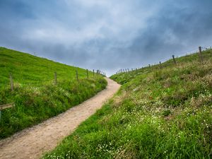 Preview wallpaper path, hills, grass, nature, fence