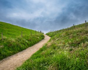 Preview wallpaper path, hills, grass, nature, fence