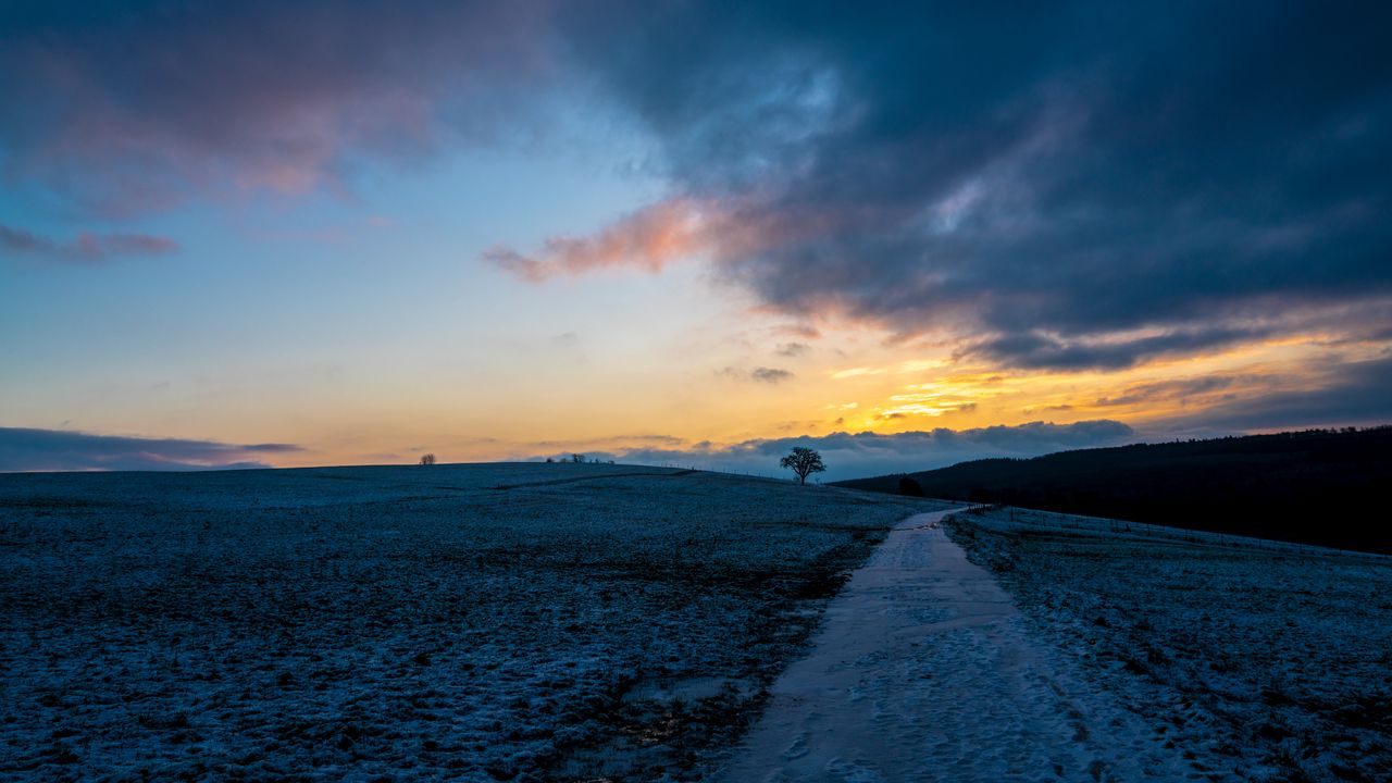 Wallpaper path, meadow, field, hills, sunrise