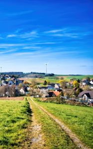 Preview wallpaper path, meadow, houses, nature, grass