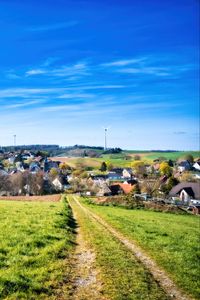 Preview wallpaper path, meadow, houses, nature, grass