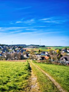 Preview wallpaper path, meadow, houses, nature, grass