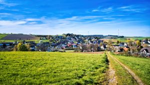 Preview wallpaper path, meadow, houses, nature, grass