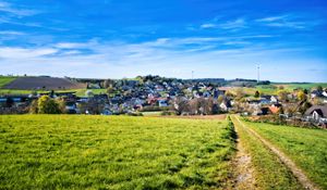 Preview wallpaper path, meadow, houses, nature, grass