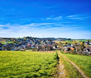 Preview wallpaper path, meadow, houses, nature, grass