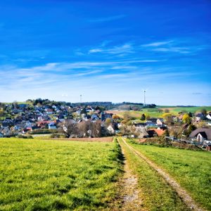 Preview wallpaper path, meadow, houses, nature, grass