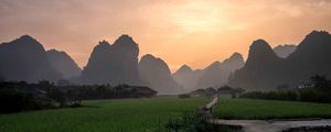 Preview wallpaper path, mountains, field, grass, sunrise