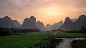 Preview wallpaper path, mountains, field, grass, sunrise