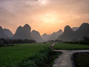 Preview wallpaper path, mountains, field, grass, sunrise