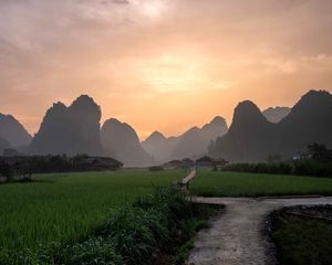 Preview wallpaper path, mountains, field, grass, sunrise