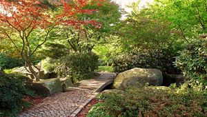 Preview wallpaper path, stones, garden, trees, autumn, leaves