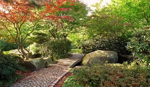 Preview wallpaper path, stones, garden, trees, autumn, leaves