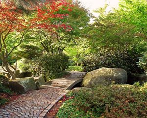 Preview wallpaper path, stones, garden, trees, autumn, leaves