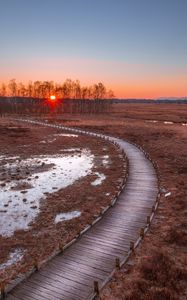 Preview wallpaper path, sunset, wooden, grass, trees