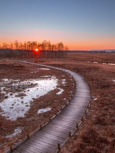 Preview wallpaper path, sunset, wooden, grass, trees