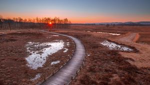 Preview wallpaper path, sunset, wooden, grass, trees