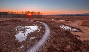 Preview wallpaper path, sunset, wooden, grass, trees