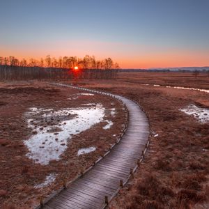 Preview wallpaper path, sunset, wooden, grass, trees