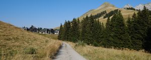 Preview wallpaper path, trees, hills, houses, nature