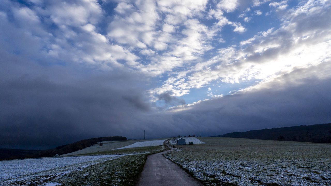 Wallpaper pathway, field, clouds, snow, winter, forest, house