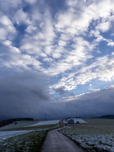 Preview wallpaper pathway, field, clouds, snow, winter, forest, house