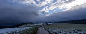 Preview wallpaper pathway, field, clouds, snow, winter, forest, house