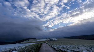 Preview wallpaper pathway, field, clouds, snow, winter, forest, house