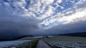 Preview wallpaper pathway, field, clouds, snow, winter, forest, house