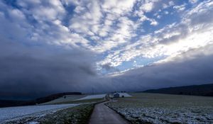Preview wallpaper pathway, field, clouds, snow, winter, forest, house
