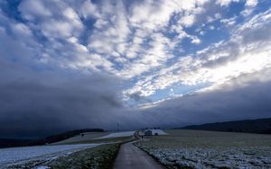 Preview wallpaper pathway, field, clouds, snow, winter, forest, house