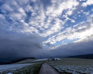 Preview wallpaper pathway, field, clouds, snow, winter, forest, house