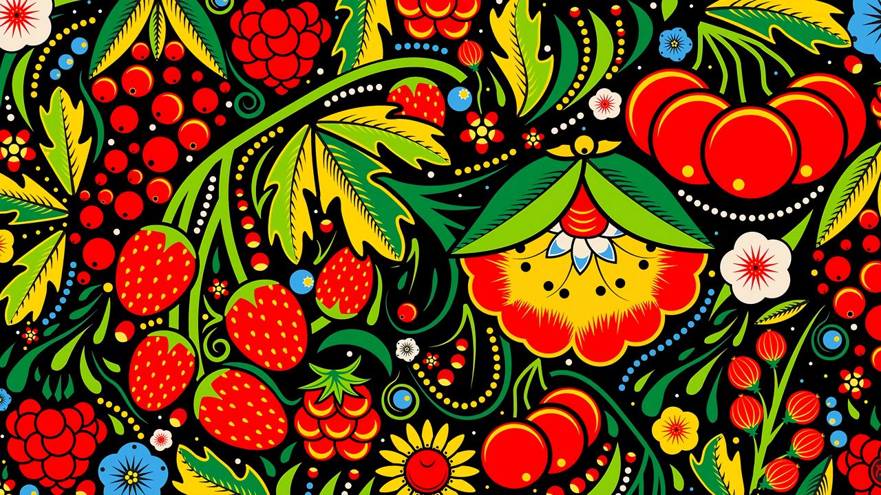 Wallpaper pattern, berry, flowers, painting