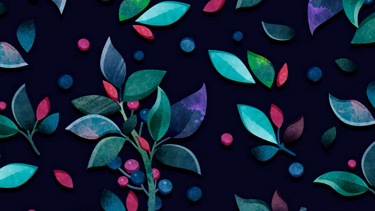 Wallpaper pattern, branches, leaves, berries, colorful