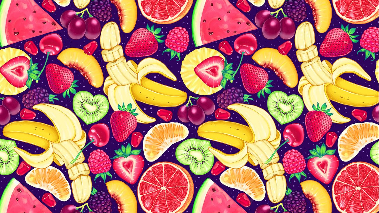 Wallpaper pattern, bright, delicious, banana, strawberry, orange, kiwi, watermelon, grapes, cherry, raspberry, blackberry, mango