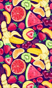Preview wallpaper pattern, bright, delicious, banana, strawberry, orange, kiwi, watermelon, grapes, cherry, raspberry, blackberry, mango