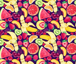 Preview wallpaper pattern, bright, delicious, banana, strawberry, orange, kiwi, watermelon, grapes, cherry, raspberry, blackberry, mango