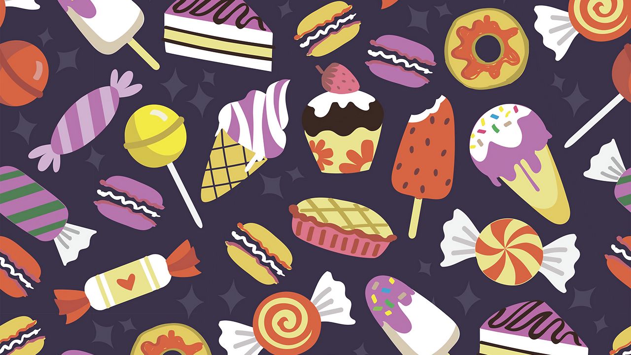 Wallpaper pattern, candy, ice cream, cookies, cupcakes