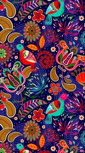 Preview wallpaper pattern, colorful, folklore, motley, bright, flowers, birds