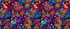 Preview wallpaper pattern, colorful, folklore, motley, bright, flowers, birds