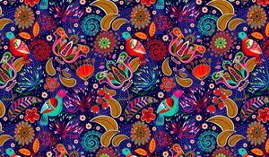 Preview wallpaper pattern, colorful, folklore, motley, bright, flowers, birds