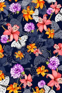 Preview wallpaper pattern, flowers, butterflies, turtles