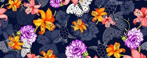 Preview wallpaper pattern, flowers, butterflies, turtles