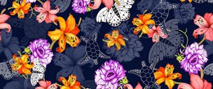 Preview wallpaper pattern, flowers, butterflies, turtles