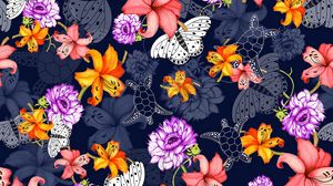 Preview wallpaper pattern, flowers, butterflies, turtles