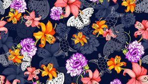 Preview wallpaper pattern, flowers, butterflies, turtles